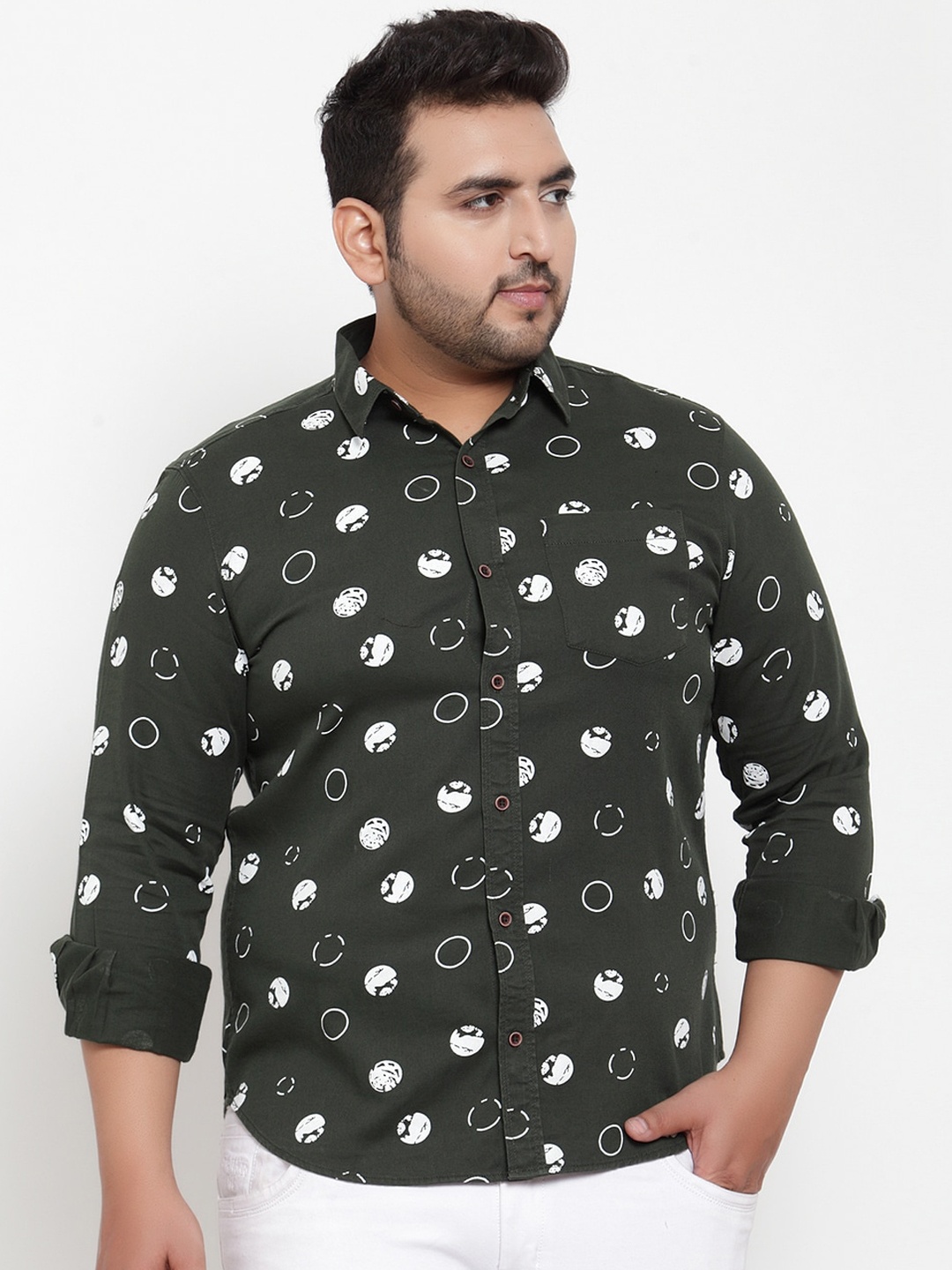 

plusS Men Olive Green & White Regular Fit Printed Casual Shirt