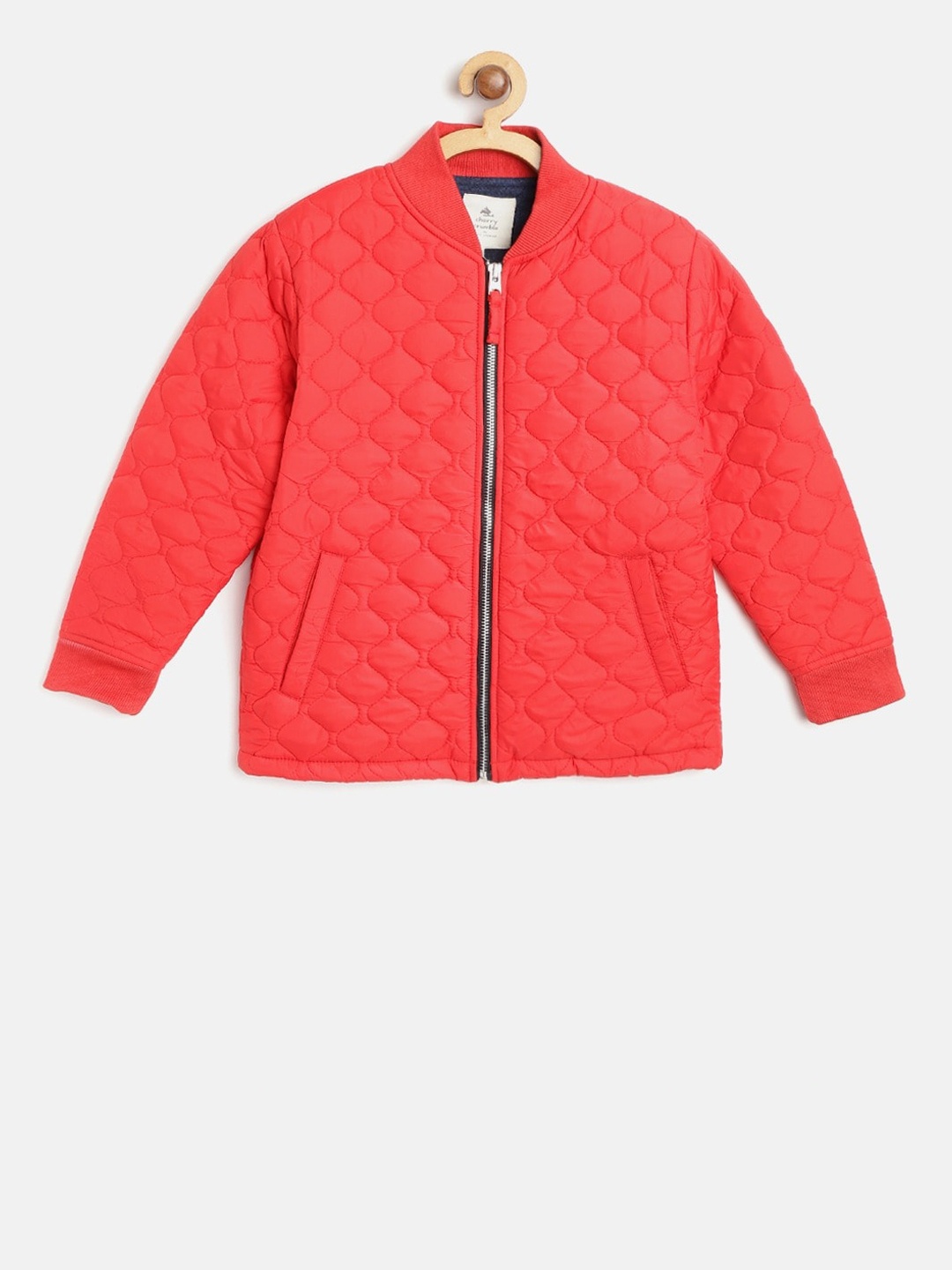 

Cherry Crumble Kids Solid Quirky Quilted Bomber Jacket, Red