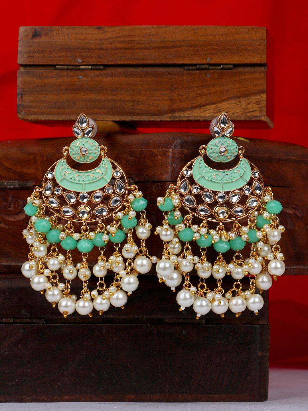 

ANIKAS CREATION Gold-Plated & Sea Green Classic Chandbalis