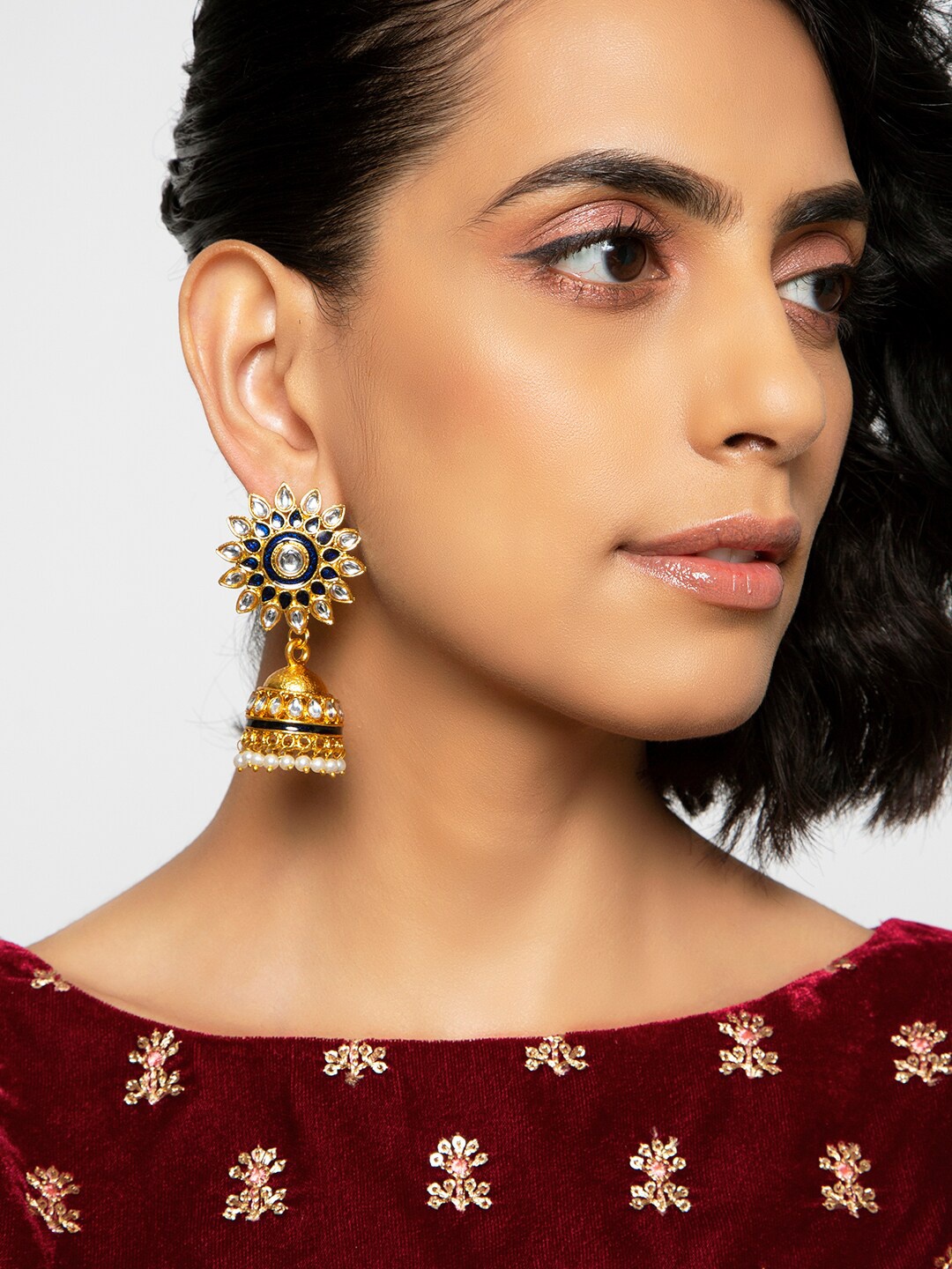 

INDYA Blue & Yellow Gold Plated Enamelled Dome Shaped Jhumkas