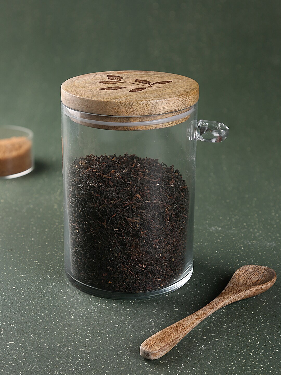 

ellementry Transparent & Brown Glass Jar With Wooden Lid