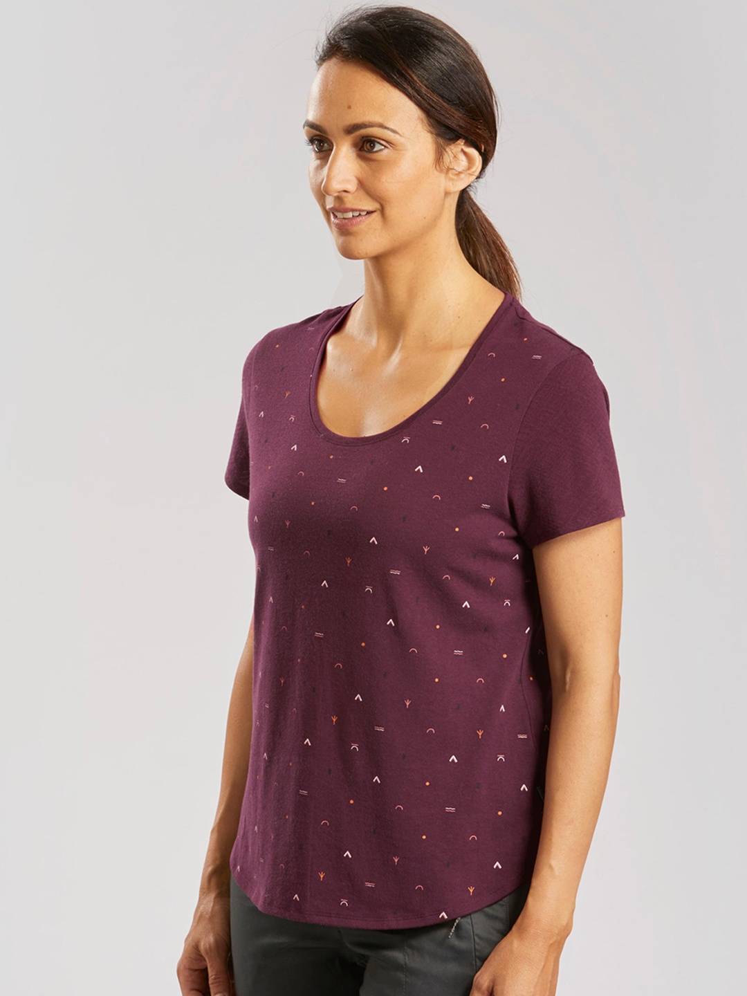 Quechua By Decathlon Women Maroon Half Sleeve Cotton T-Shirt, Burgundy