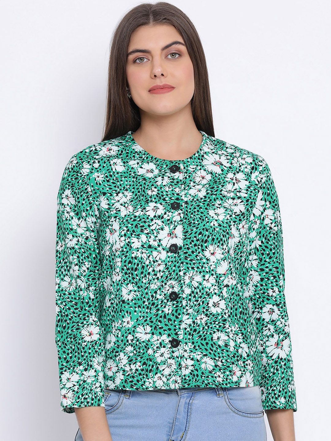 

Oxolloxo Women Green & White Floral Print Tailored Jacket