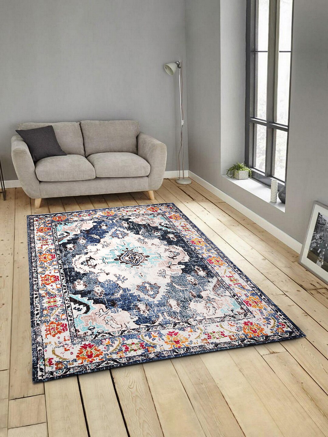 

ROMEE Blue & Beige Ethnic Motifs Printed Anti-Skid Carpet