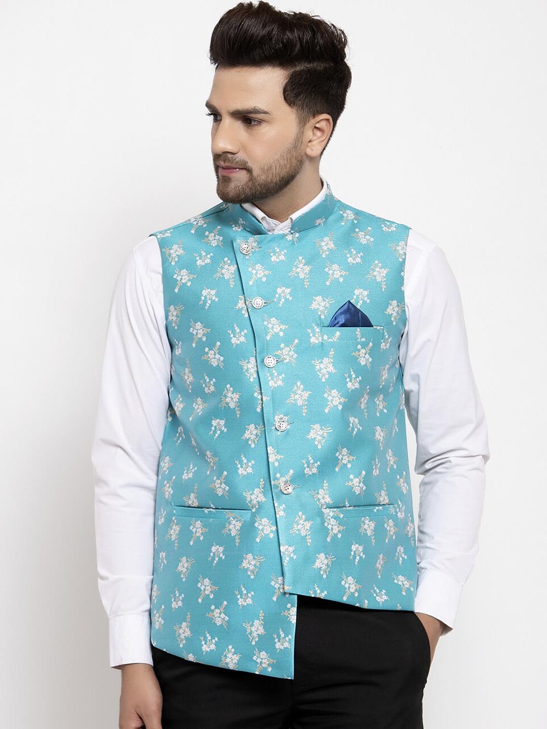 

KLOTTHE Men Turquoise Blue & White Printed Nehru Jacket