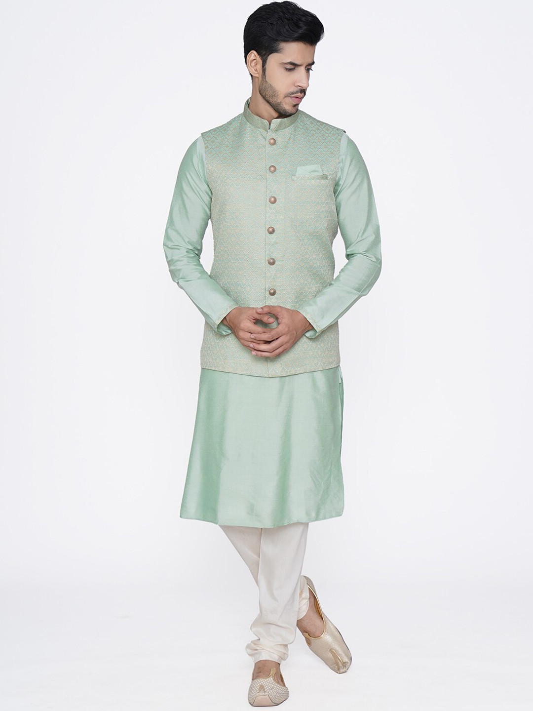 

Manyavar Men Green & Off-White Solid Kurta & Pyjamas with Nehru Jacket