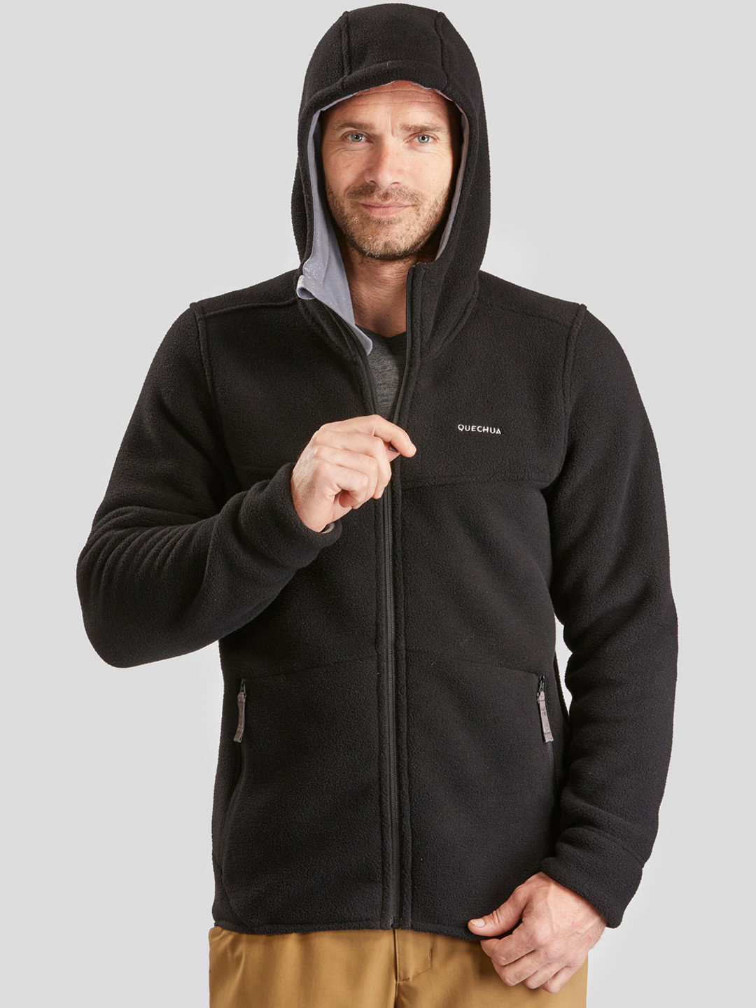 

Quechua By Decathlon Men Solid Black Full-Hooded Warm Fleece Jacket