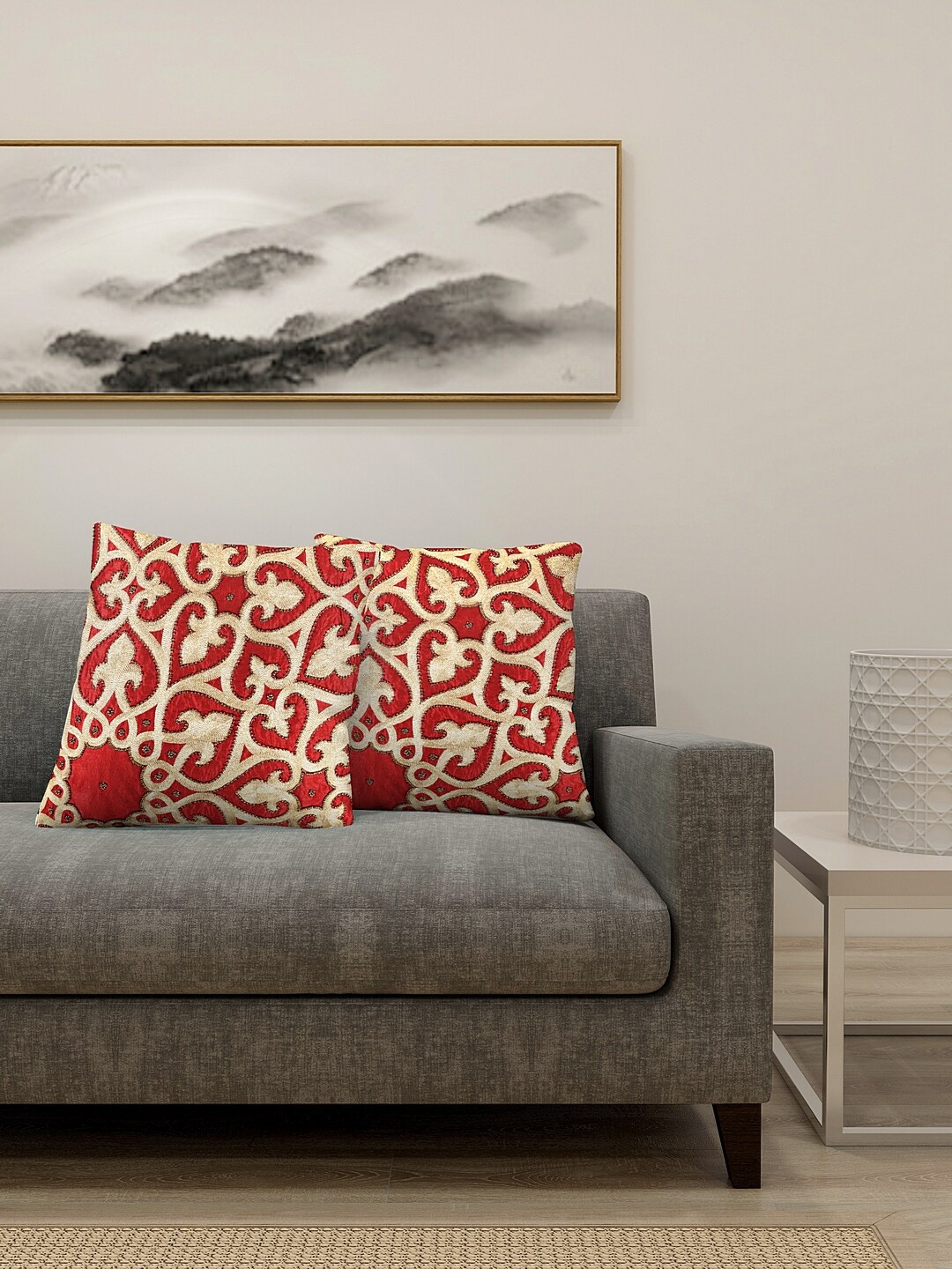 KLOTTHE Red & Beige Set of 2 Embroidered Square Cushion Covers