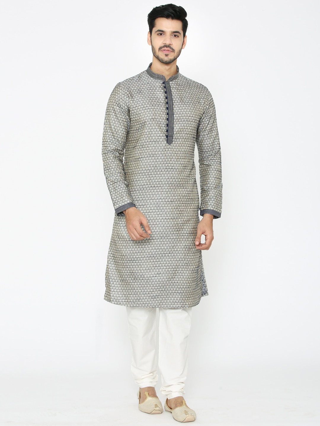 Manyavar Men Blue & Off-White Self Design Kurta with Pyjamas