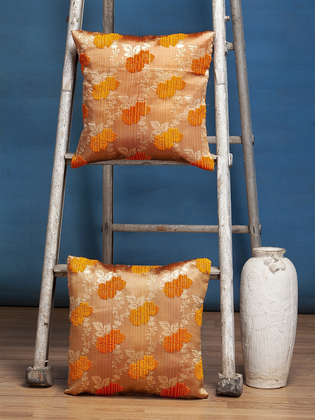 

Alina decor Set of 2 Yellow & Gold-Toned Embroidered Square Cushion Covers