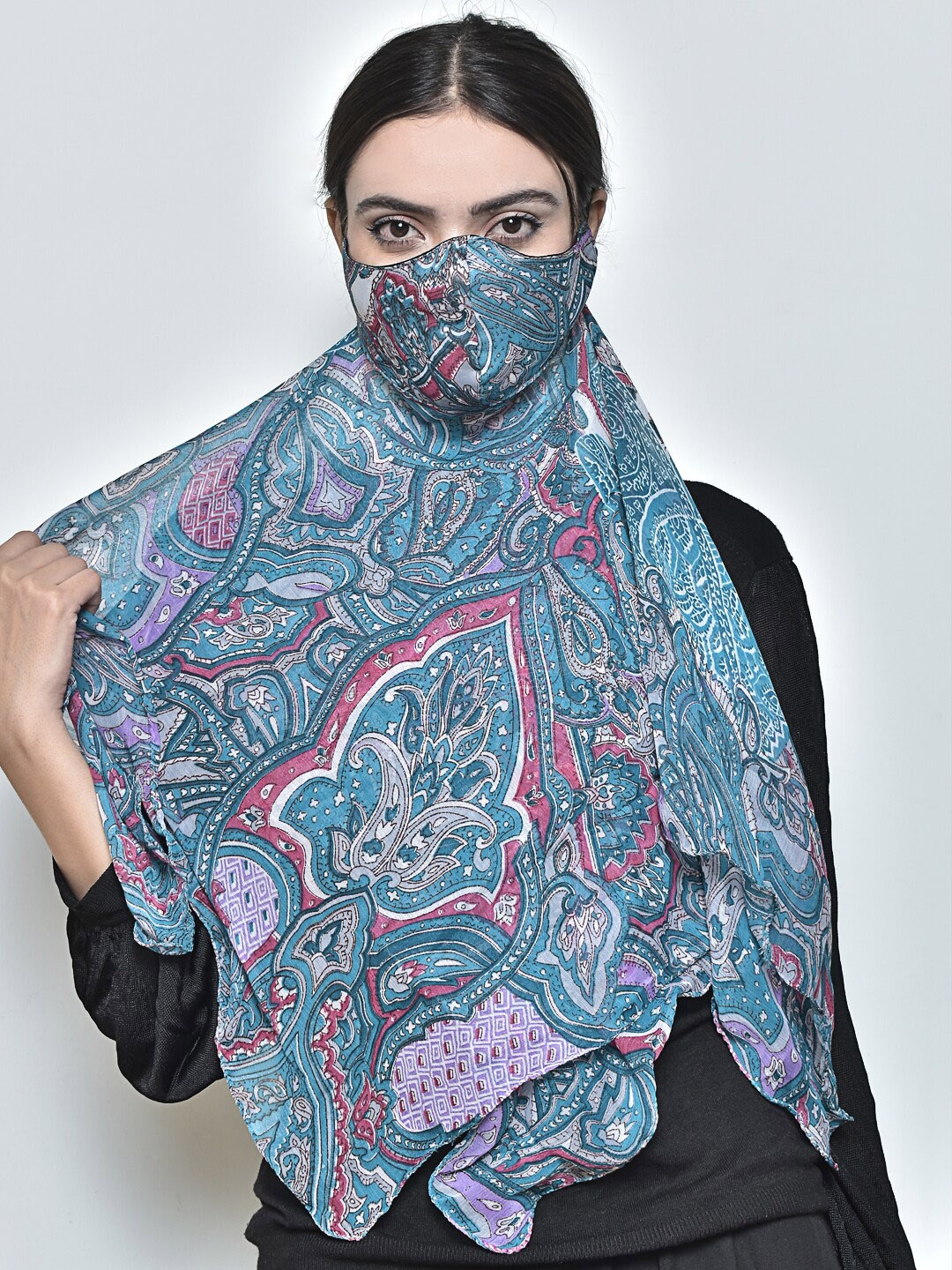 

SWAYAM Women Blue & Pink Printed 3-Ply Anti-Pollution Reusable Protective Outdoor Mask Cum Scarf
