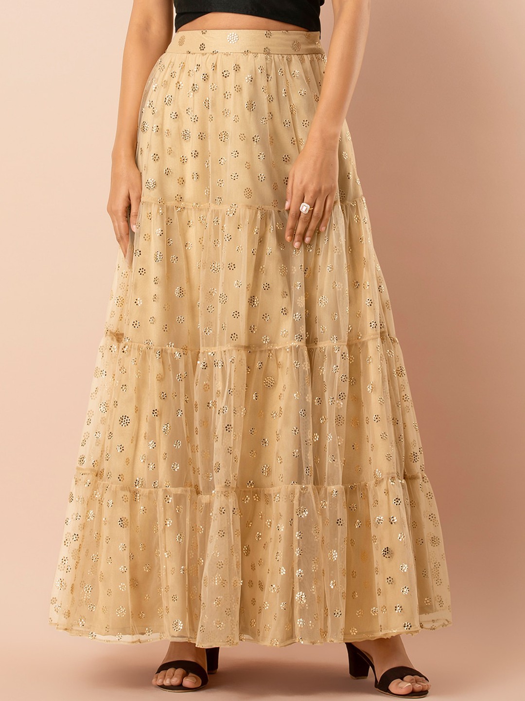 

INDYA Women Beige Mukaish Mesh Tiered Maxi Skirt