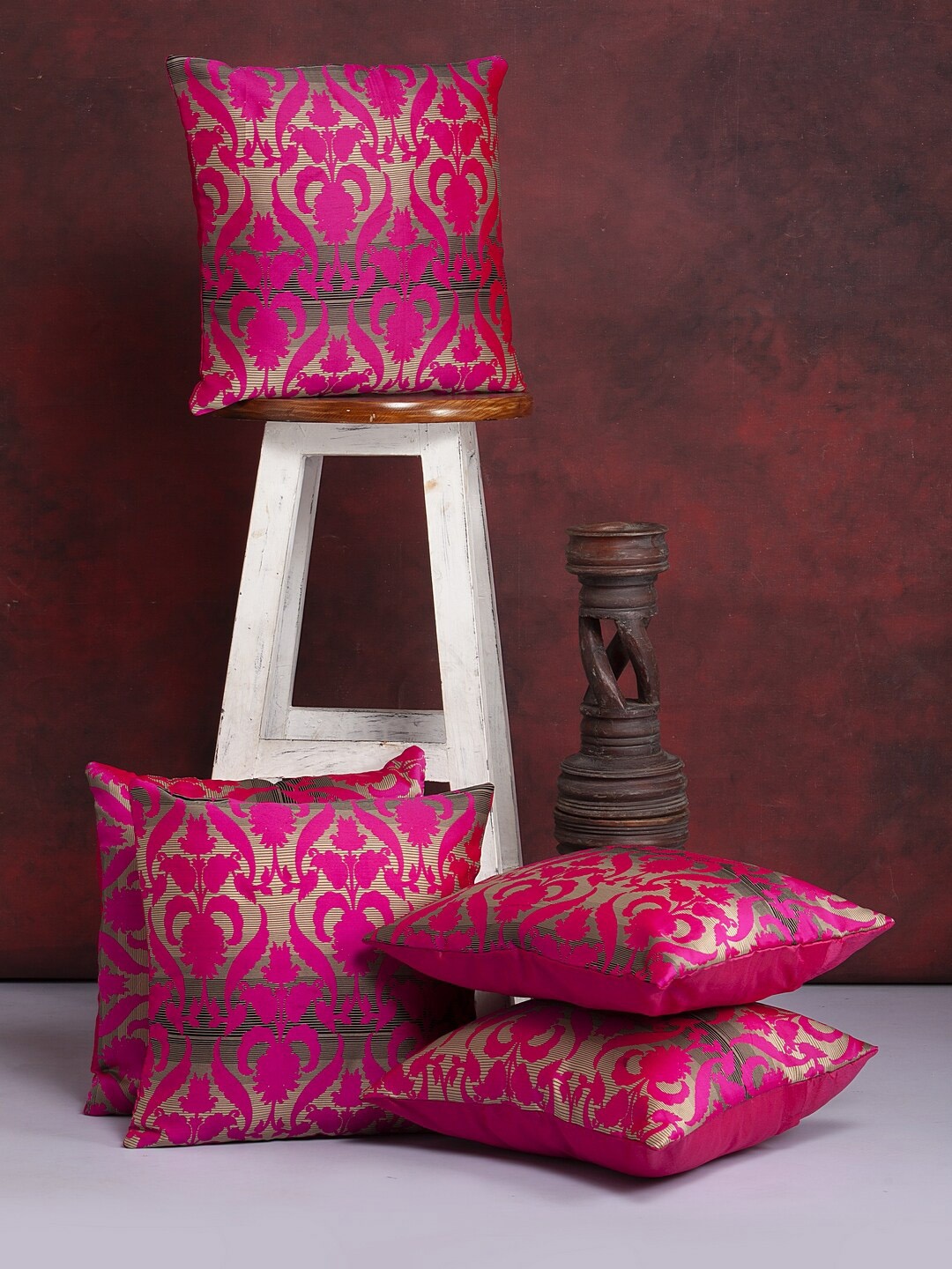 

Alina decor Pink & Gold Set of 5 Self Design Square Cushion Covers