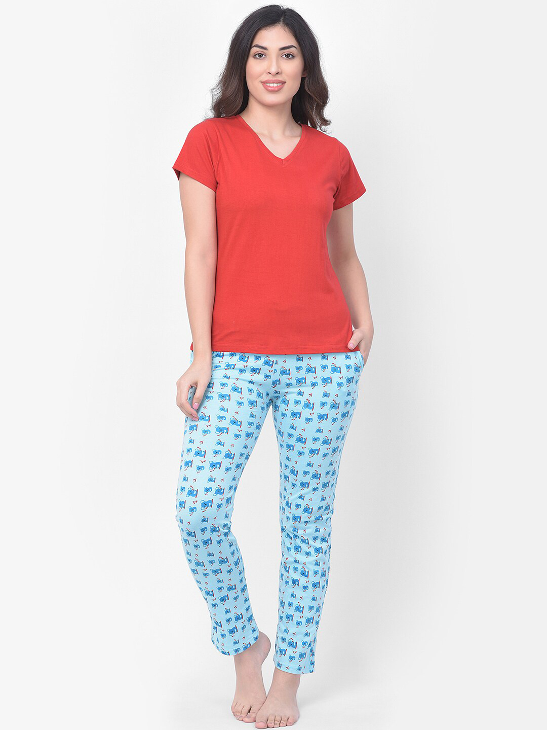 

Clovia Women Blue & Red Solid Night Suit