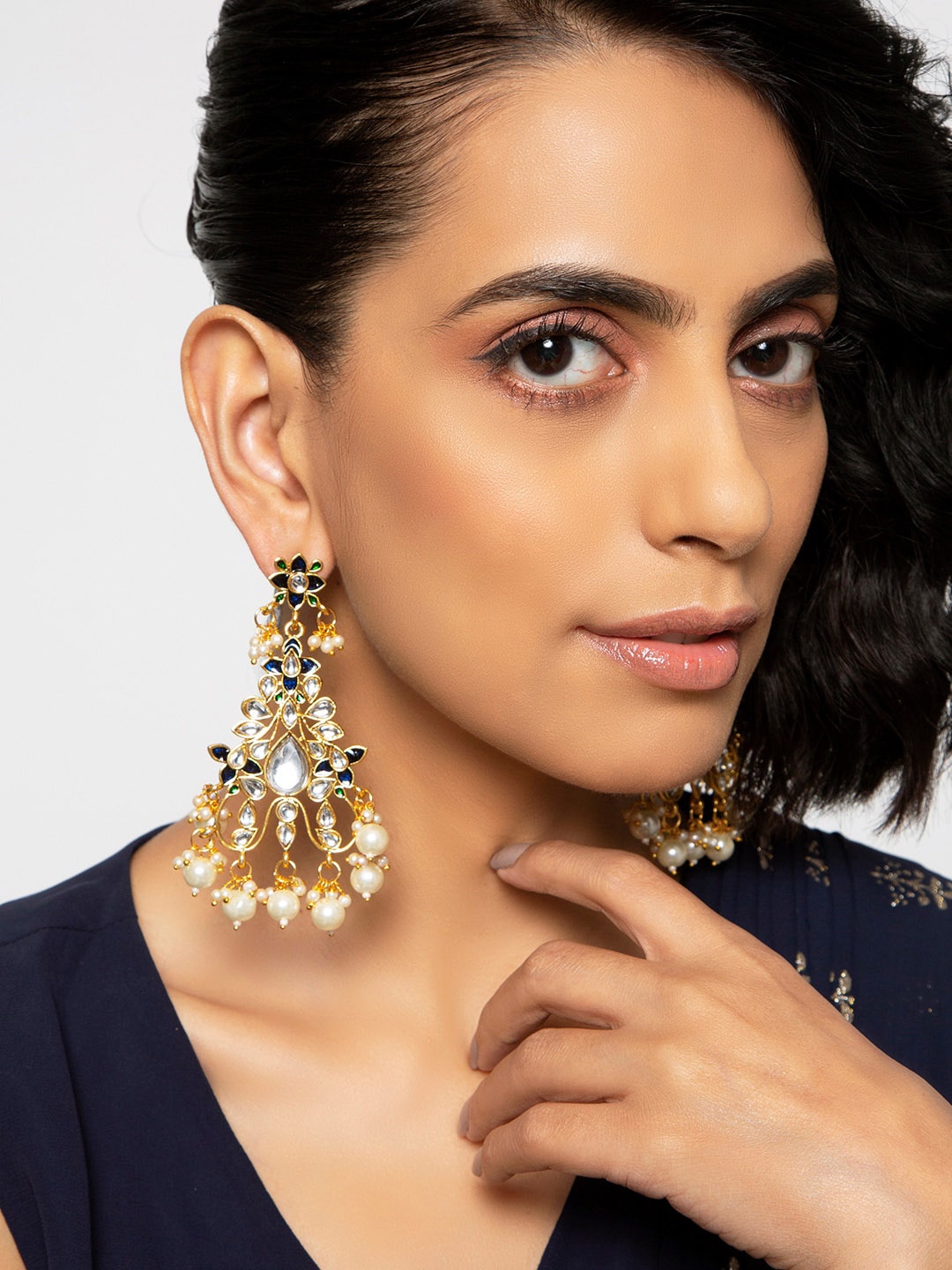 

INDYA Gold-Plated & Blue Enamel Classic Drop Earrings