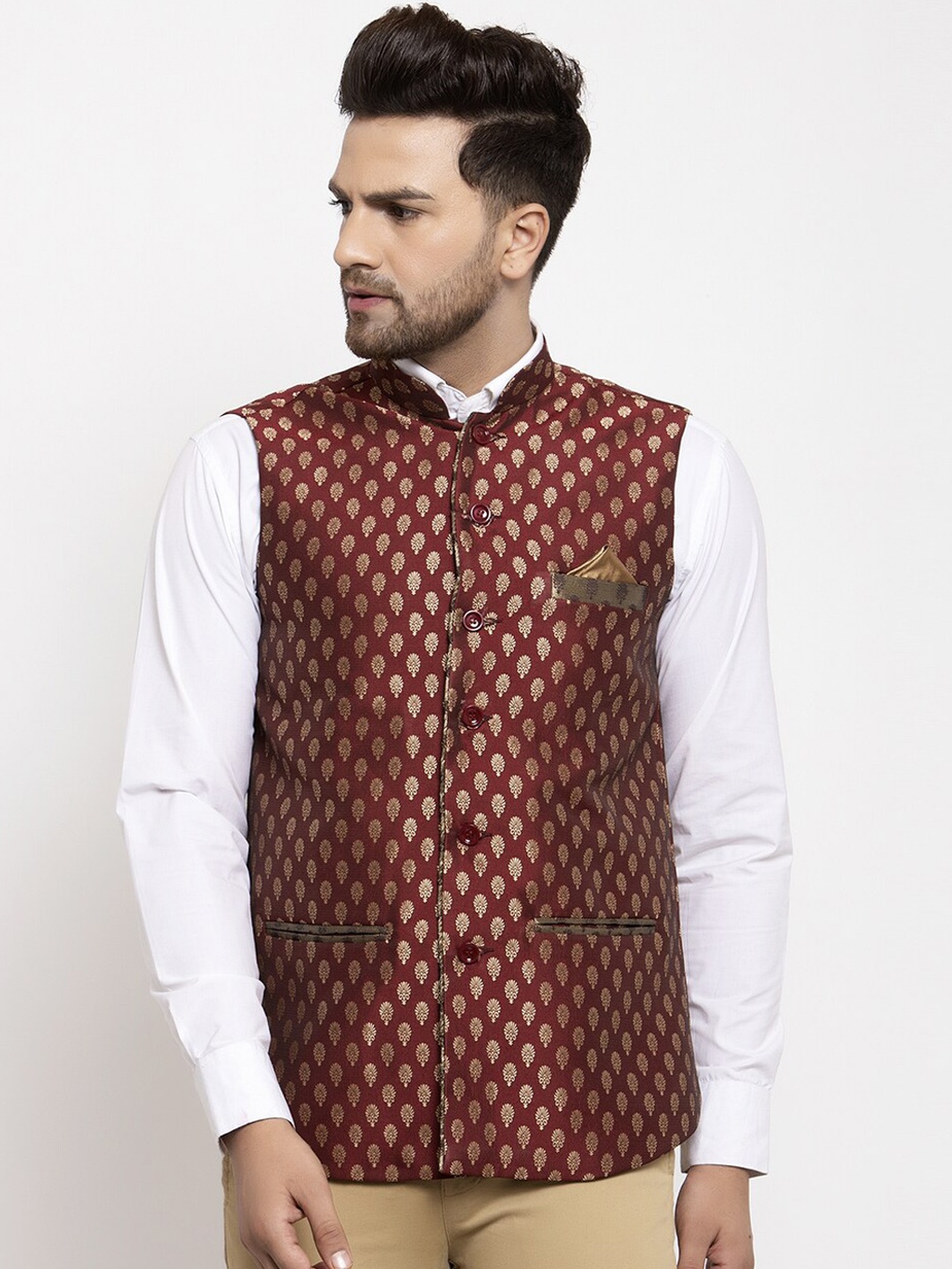 KLOTTHE Men Maroon & Gold-Colored Woven Design Nehru Jacket