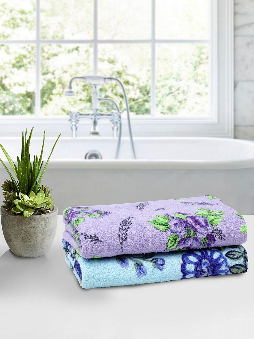 

BOMBAY DYEING Unisex Pack Of 2 Blue & Purple Printed 500 Gsm Towel Set