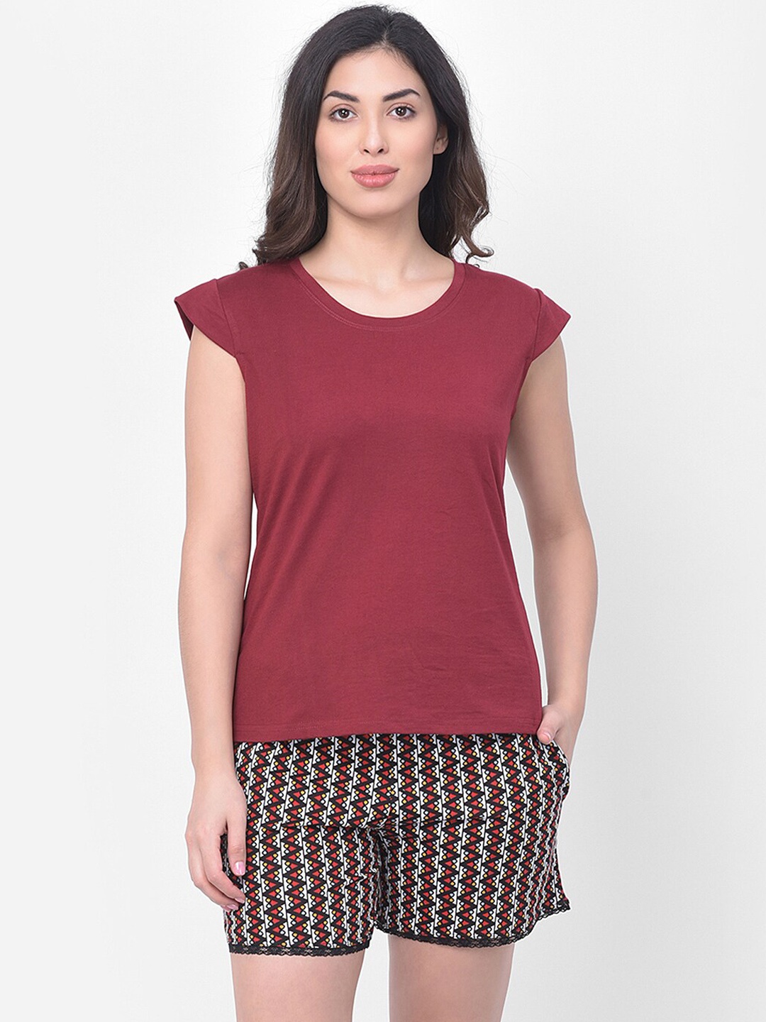 

Clovia Maroon Pure Cotton T-shirt & Printed Shorts