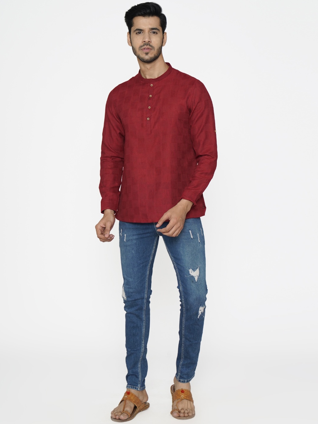 

Manyavar Men Maroon Woven Design Short Kurta