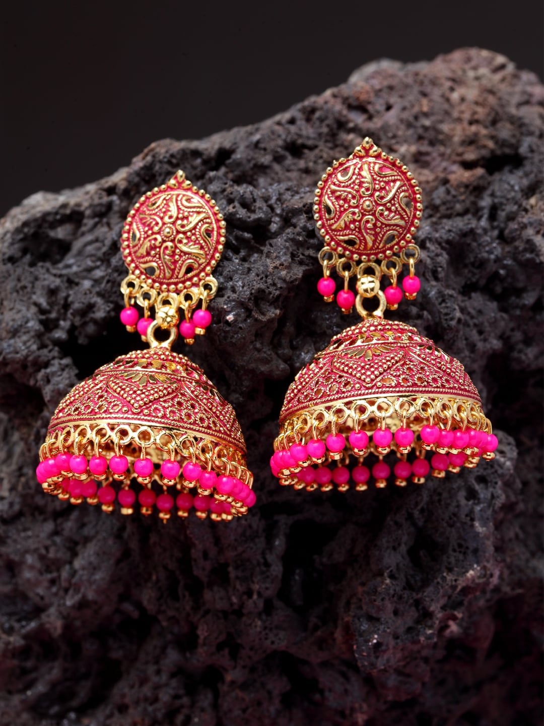 

ANIKAS CREATION Gold-Toned & Pink Dome Shaped Jhumkas