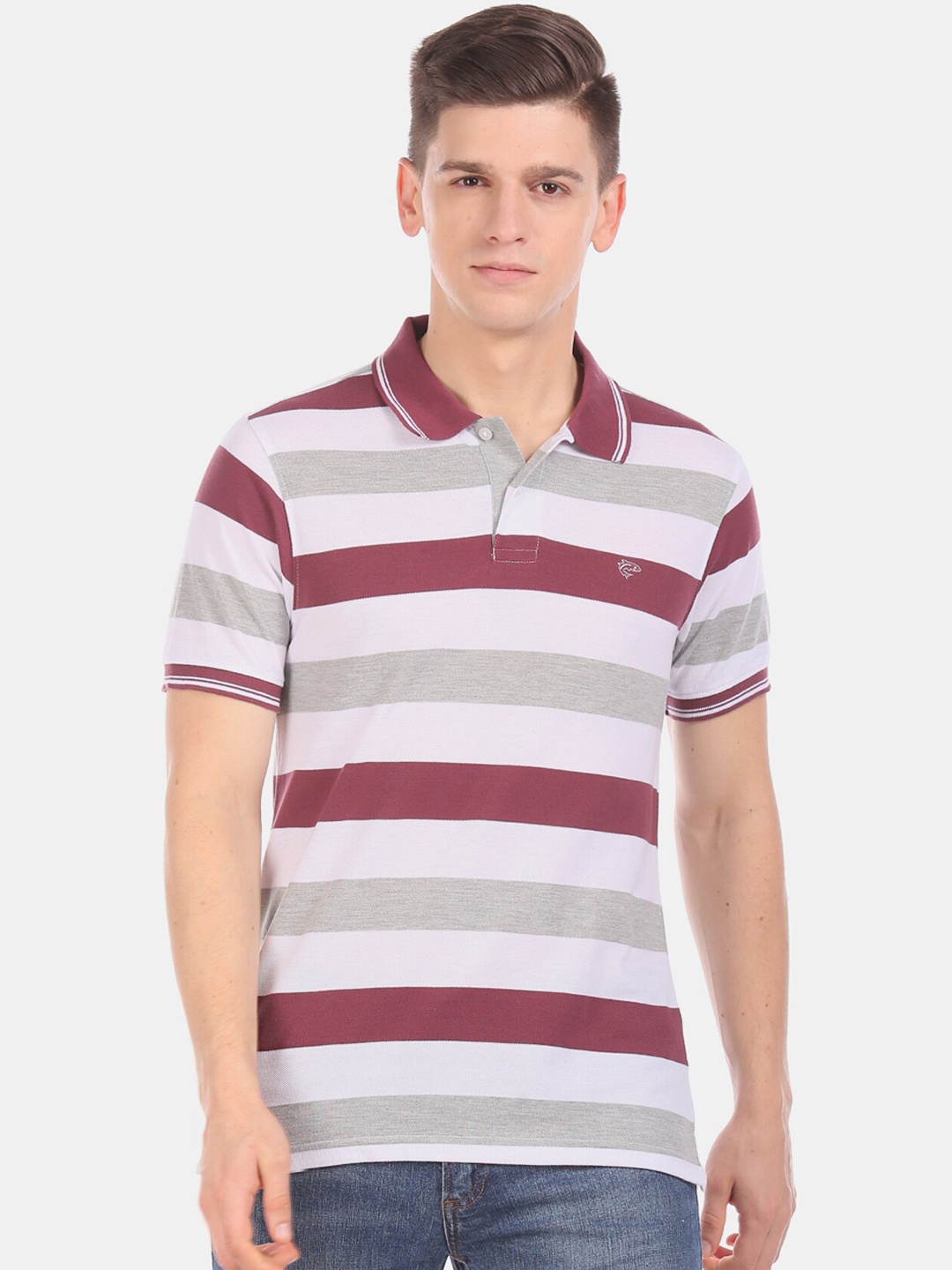 

Ruggers Men Grey & Maroon Striped Polo Collar T-shirt