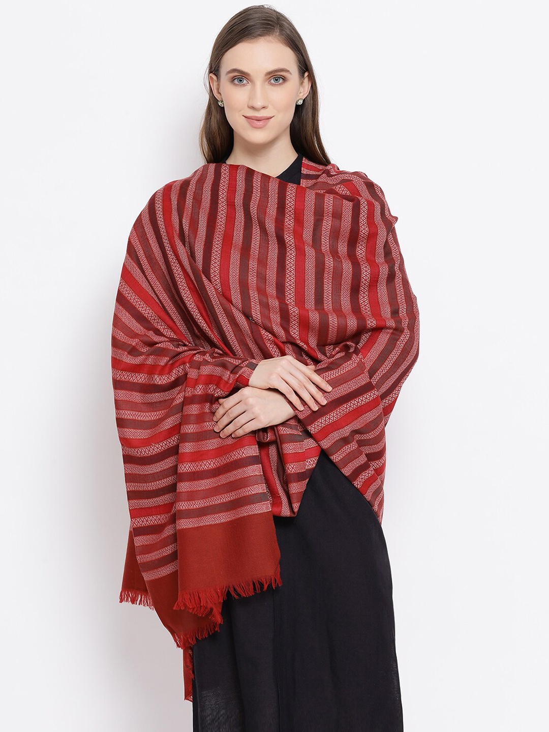 

SHINGORA Women Maroon & White Woven Design Jacquard Shawl