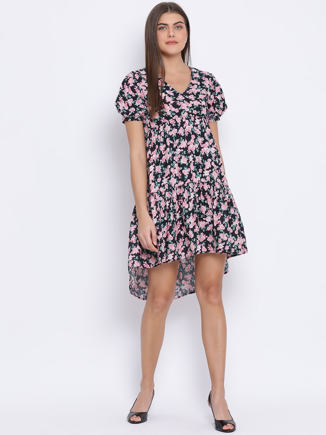 

Oxolloxo Women Black & Pink Floral Print A-Line Dress
