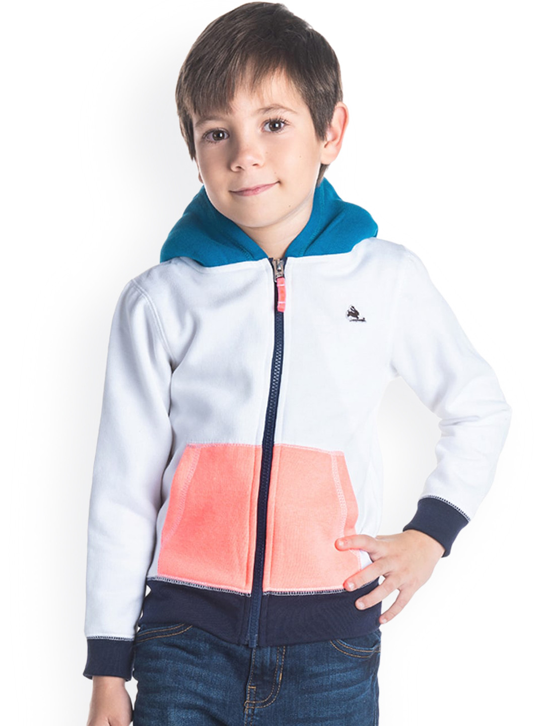 

Cherry Crumble Unisex Kids White & Blue Colourblocked Hooded Sweatshirt
