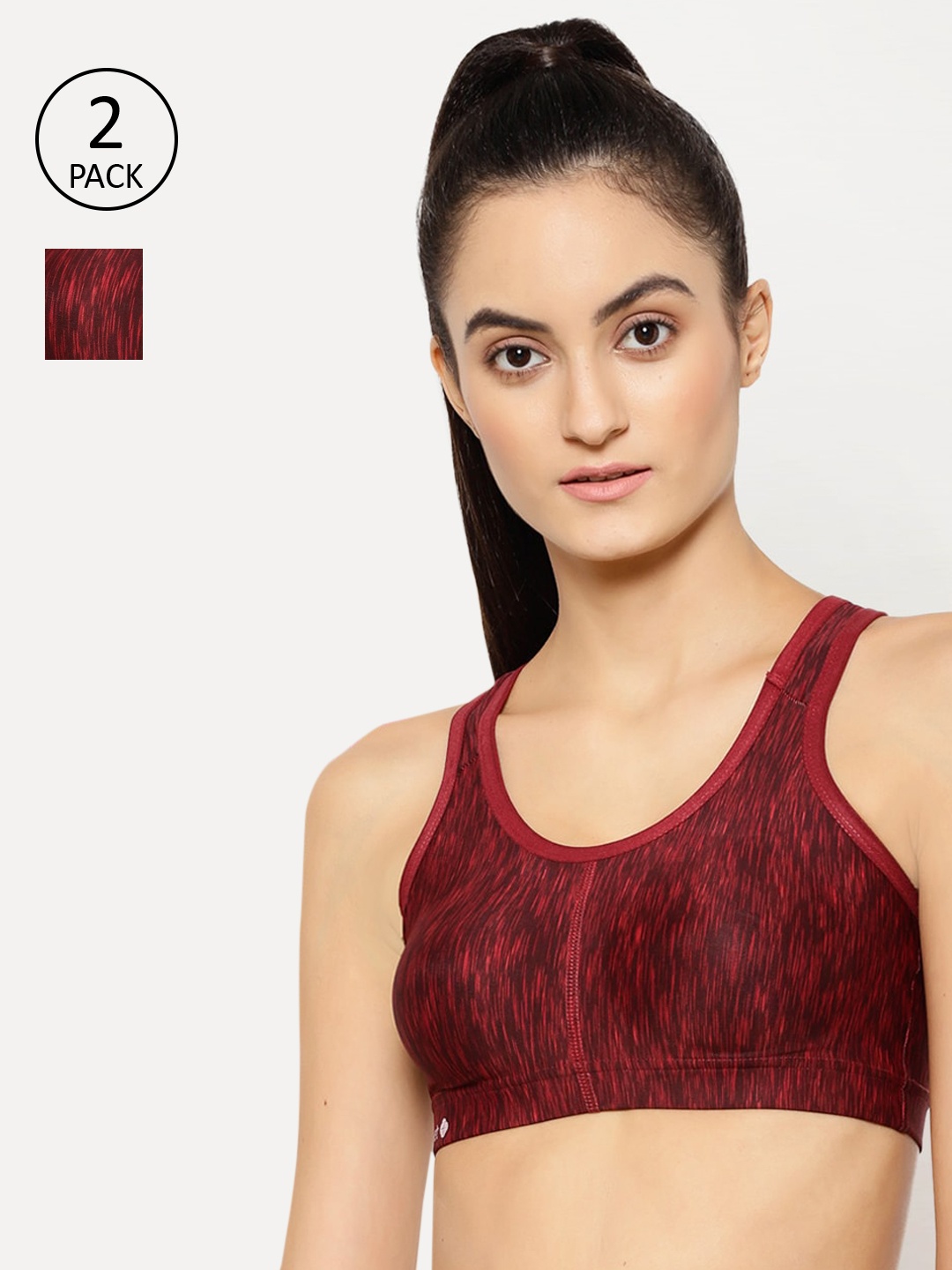 

Floret Pack Of 2 Printed Non-Wired Lightly Padded Workout Bras T3066_China Rose-Maroon_30B, Pink