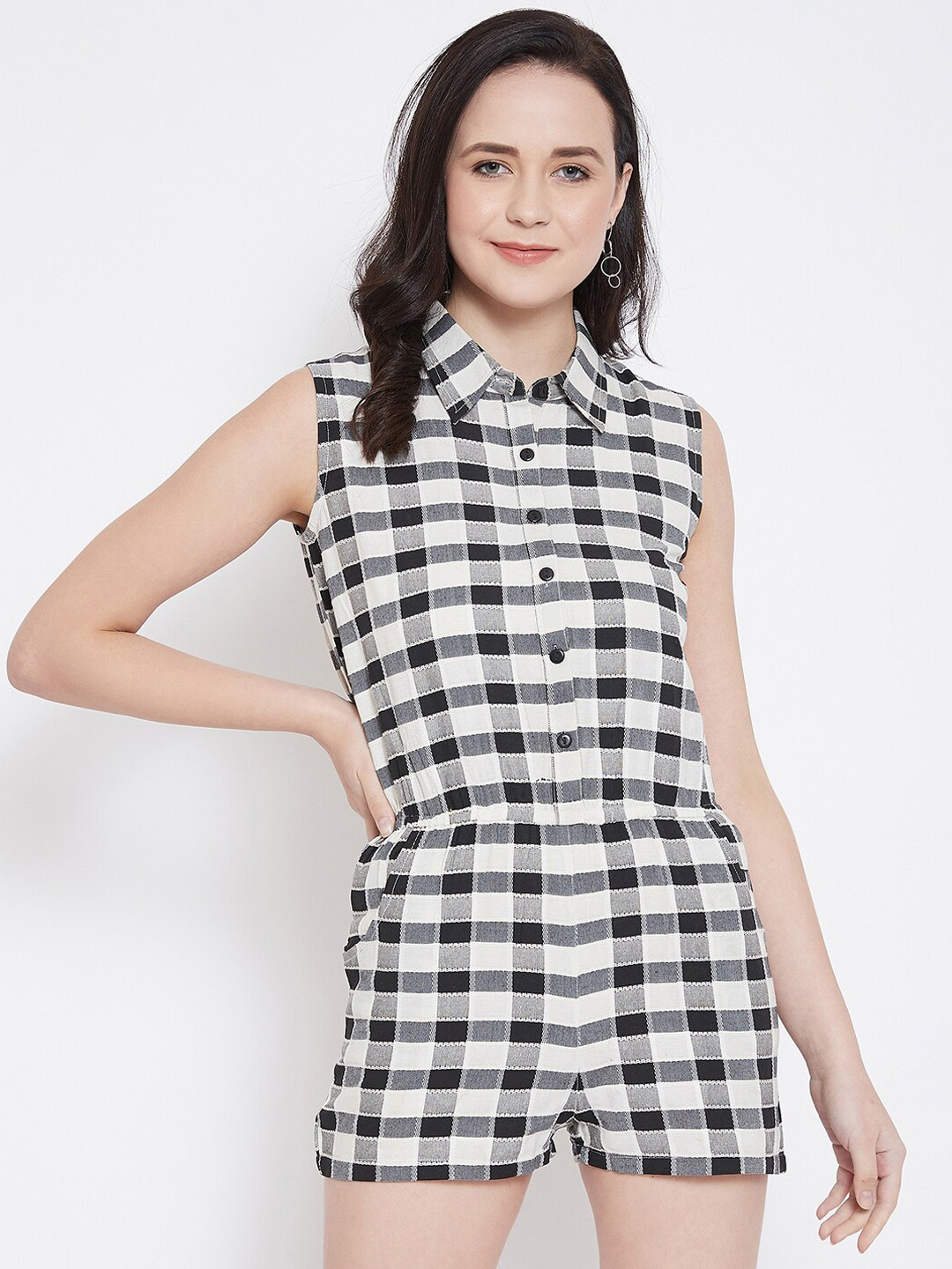 

Ruhaans Women Black & White Checked Playsuit