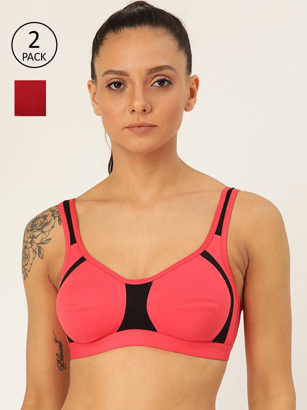 

Lady Lyka Pack Of 2 Peach-Coloured & Maroon Non-Wired Non Padded Workout Bras YOUNGSTER-01