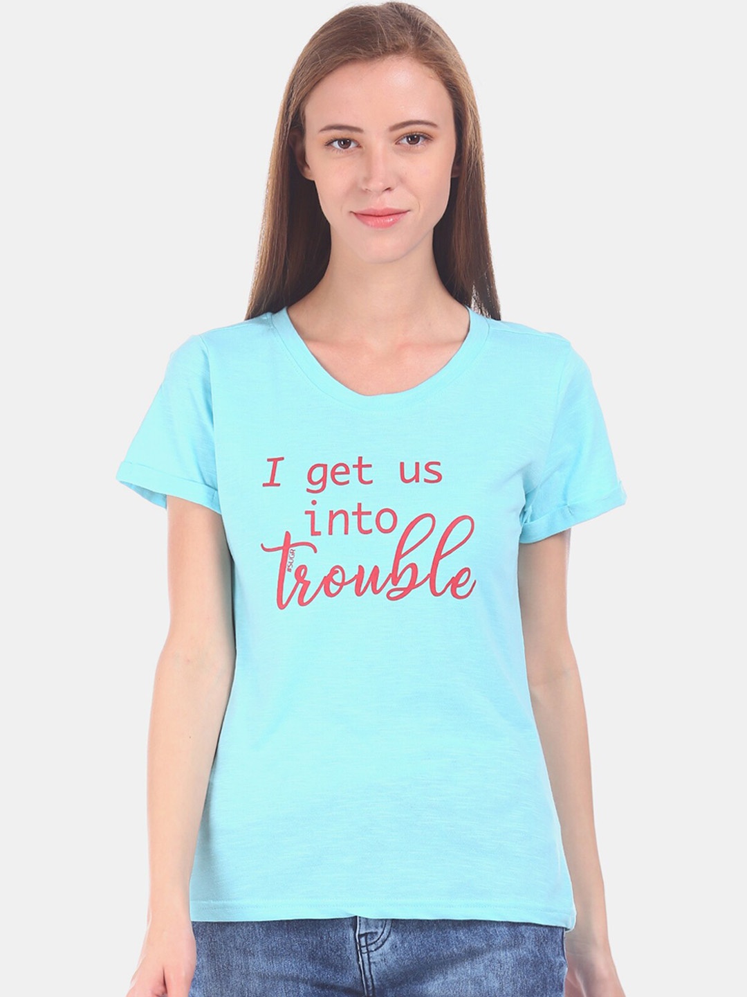 

Sugr Women Blue Printed Round Neck T-shirt