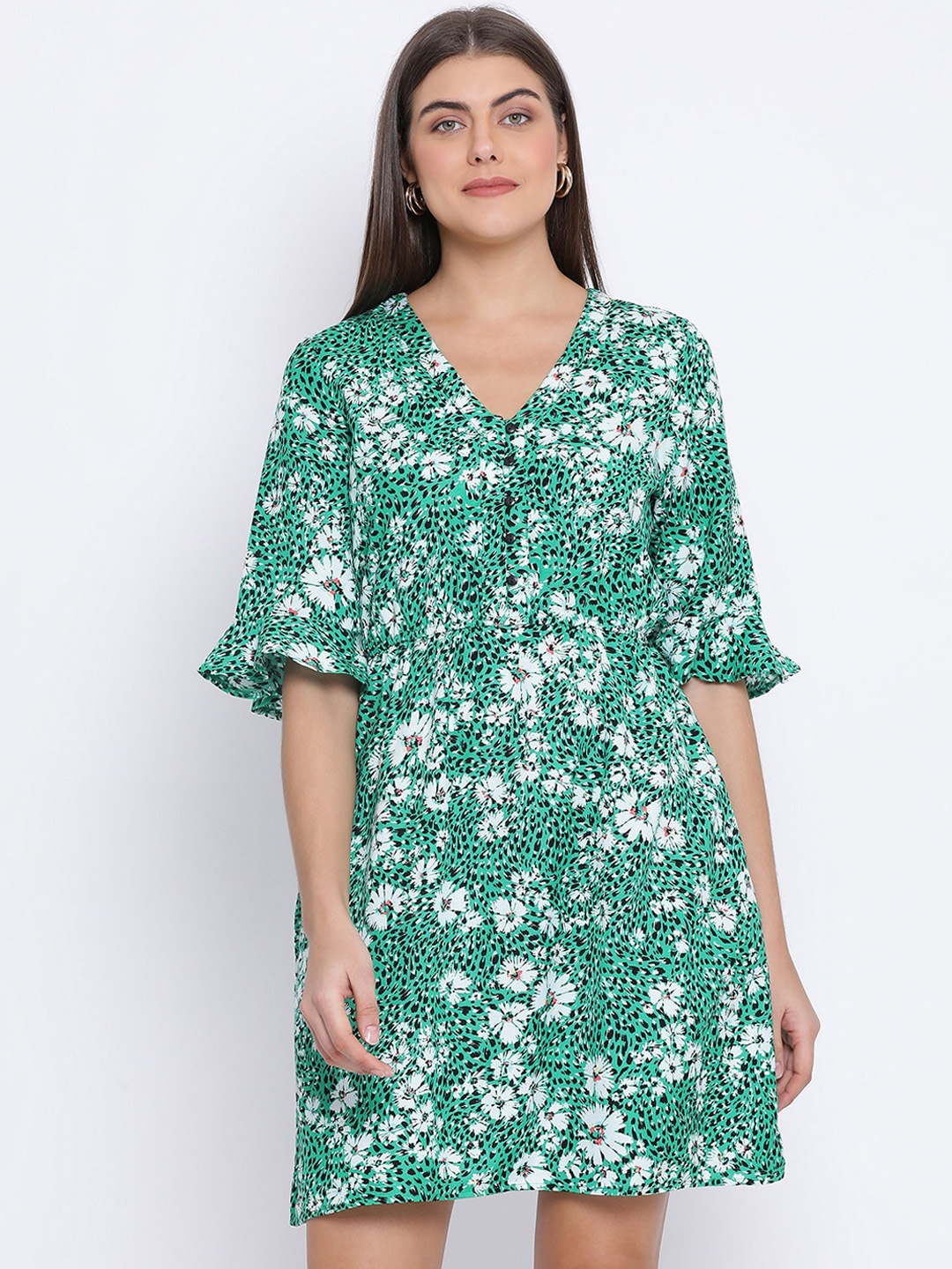 Oxolloxo Women Green Printed A-Line Dress