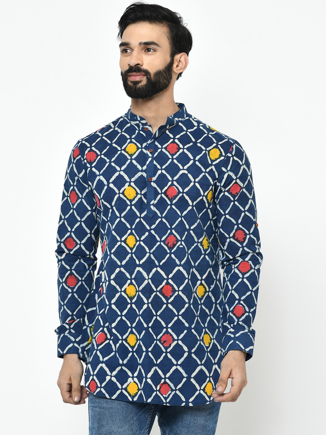 

Vartah Men Blue Cotton Blend - Printed Short Kurta
