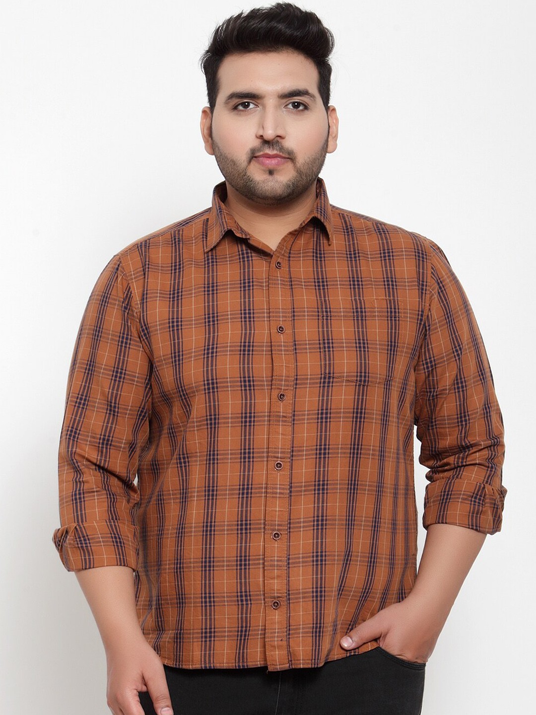 

plusS Men Rust & Blue Regular Fit Checked Casual Shirt