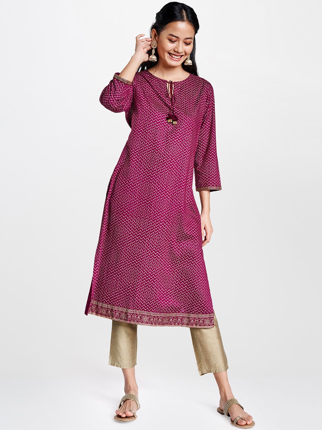 

Global Desi Women Purple Printed A-Line Kurta