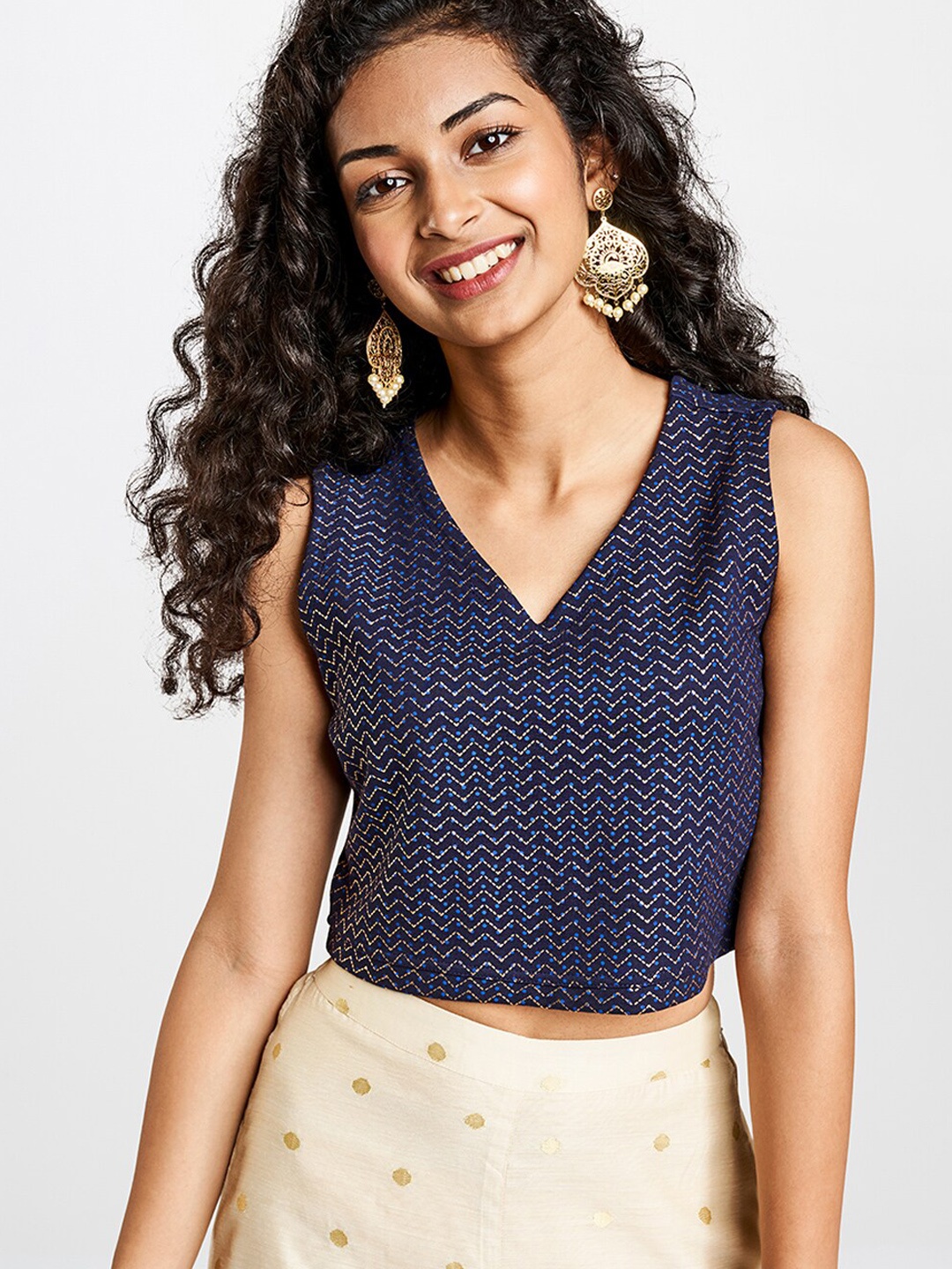 

Global Desi Women Navy Blue Solid Top