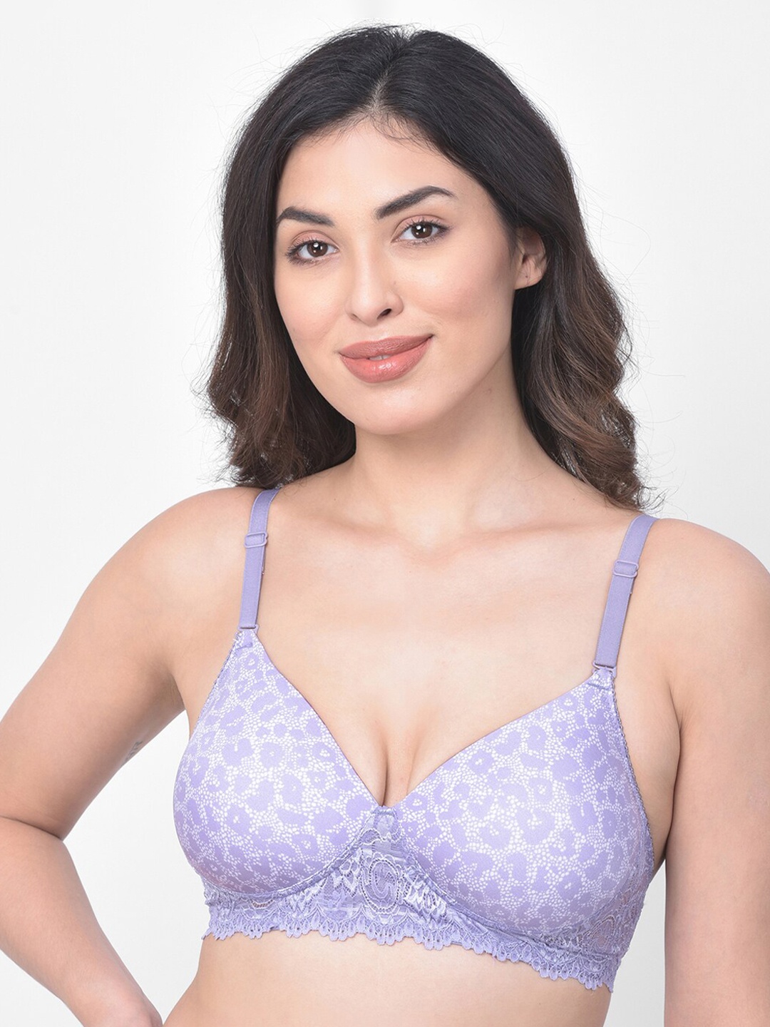 Clovia Purple Printed Non-Wired Lightly Padded T-shirt Bra BR1806P1232B