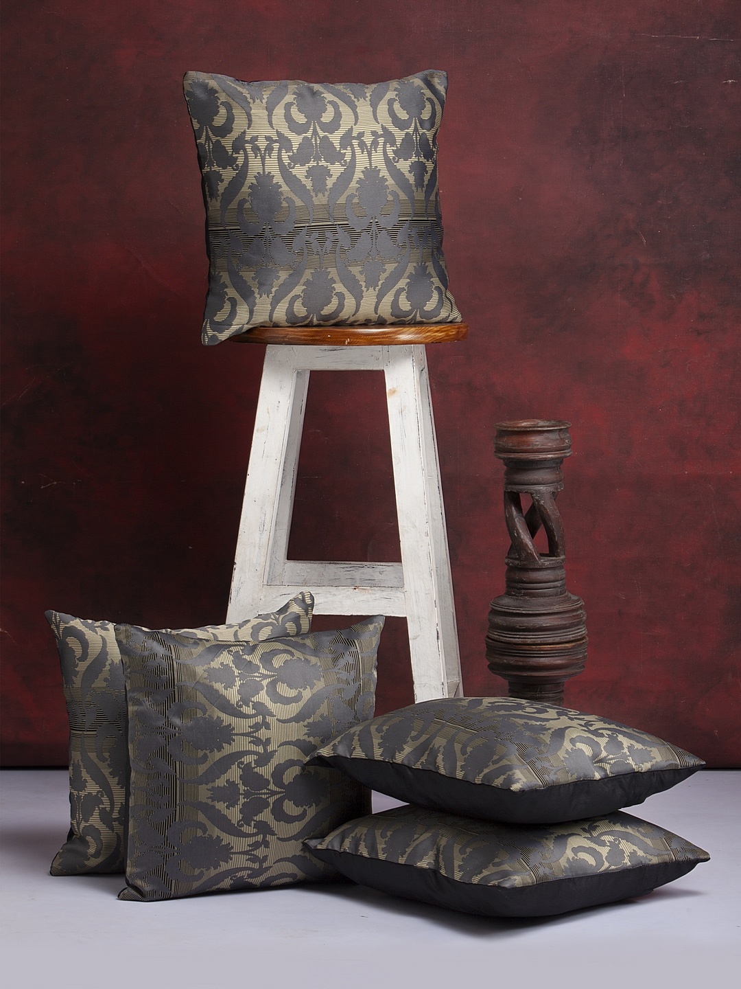 

Alina decor Grey & Gold Set of 5 Self Design Square Cushion Covers