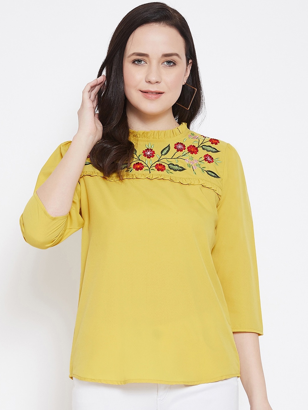 

Ruhaans Women Yellow Solid A-Line Top with Embroidery