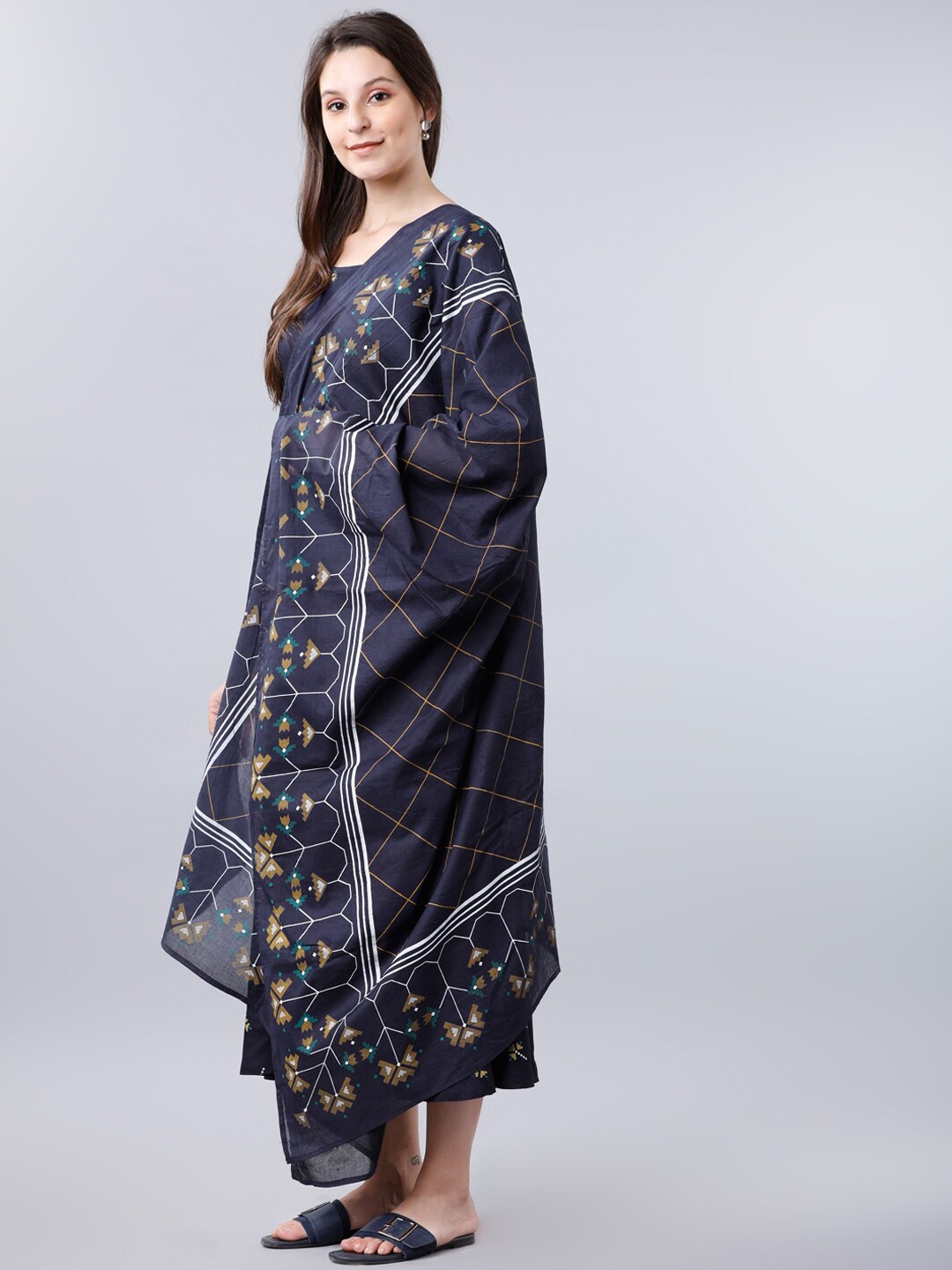 

Vishudh Women Navy Blue Printed Fit and Flare Dress With Dupatta
