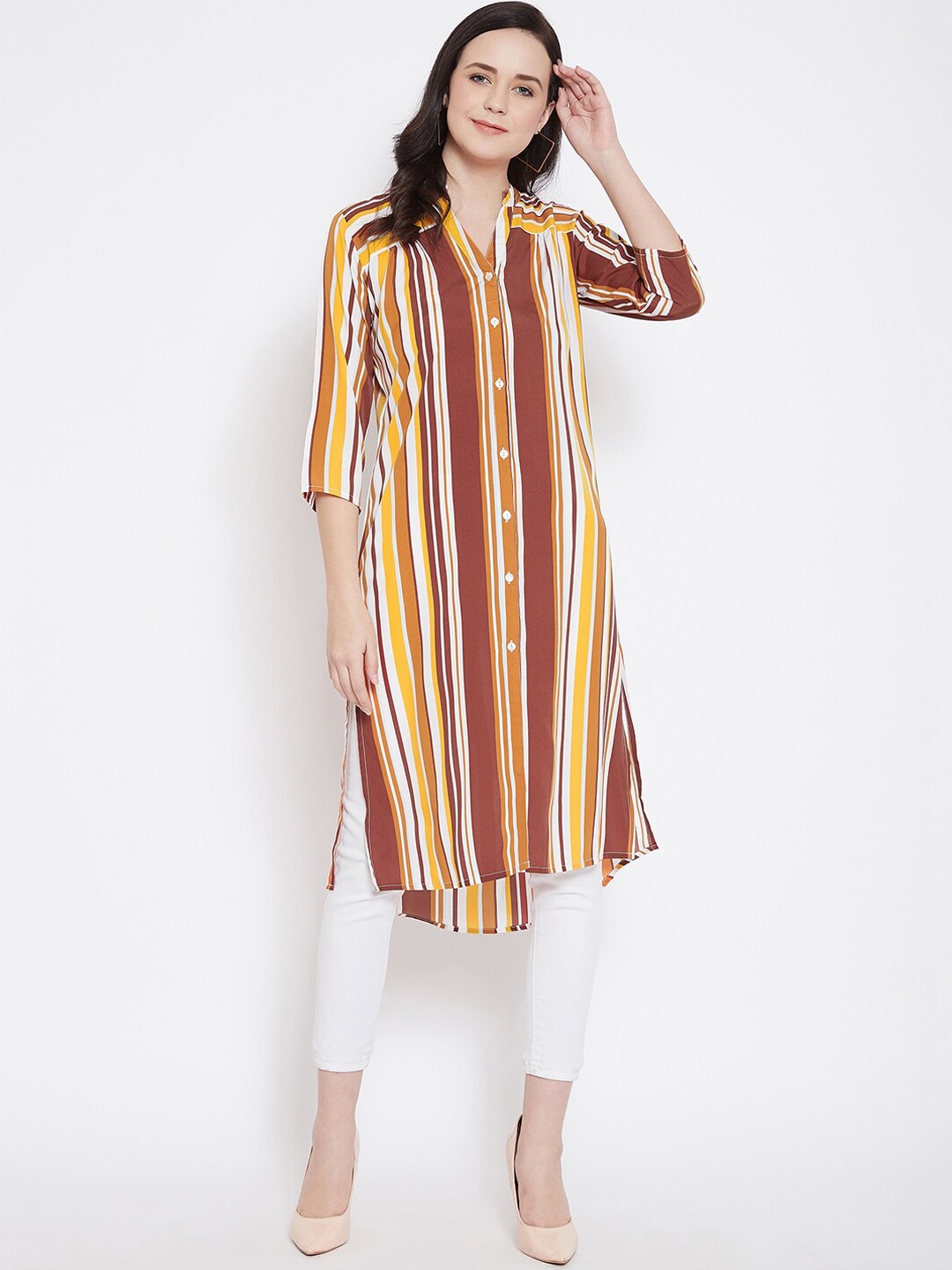

Ruhaans Women's Yellow & Maroon Striped Tunic
