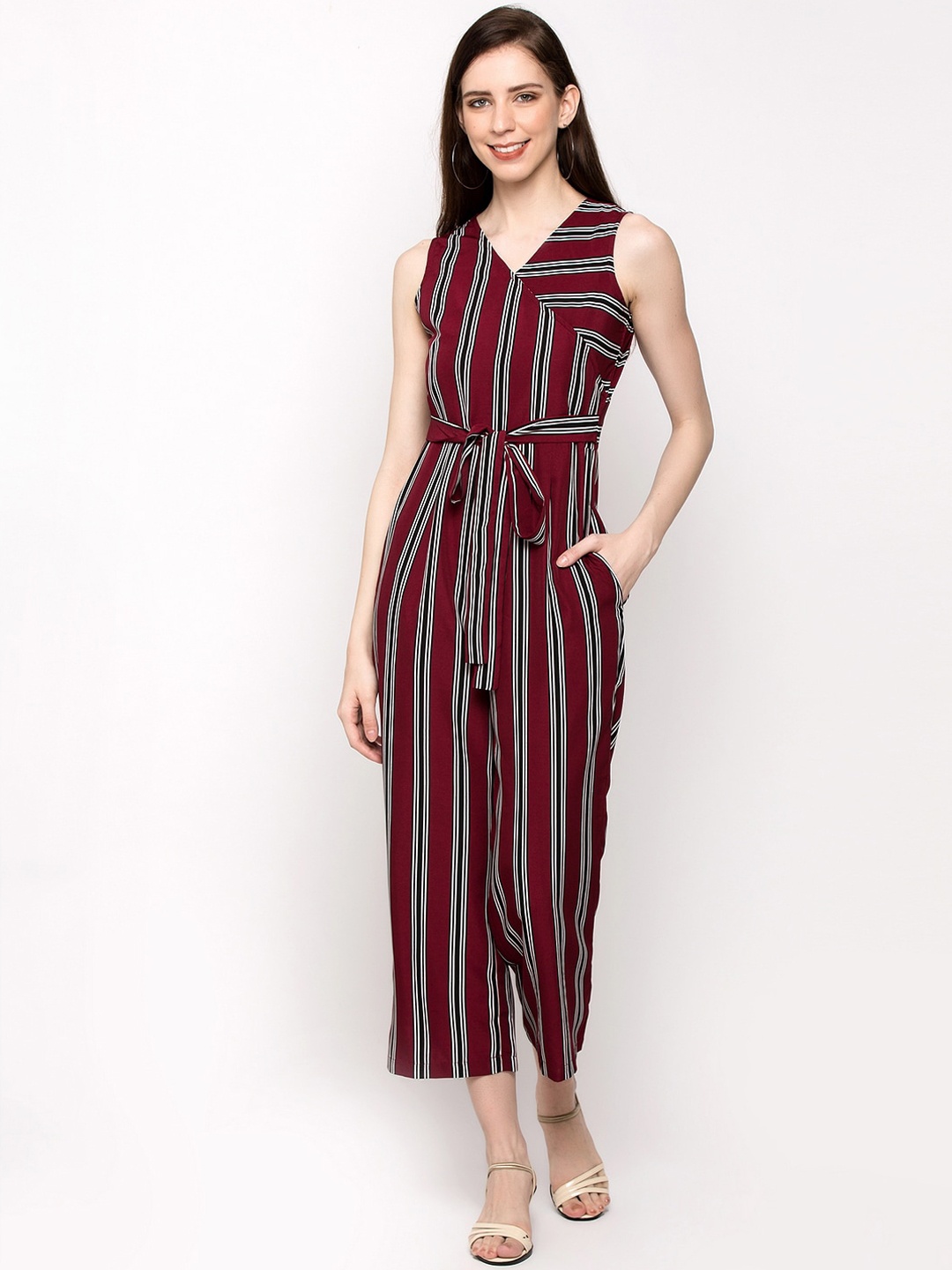 

Slenor Women Maroon & Blue Striped Basic Jumpsuit