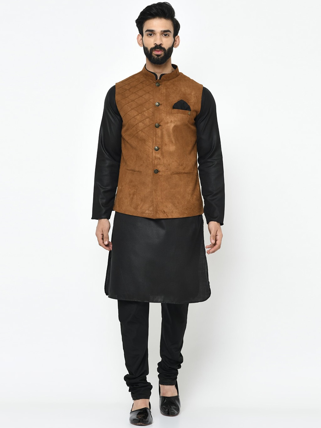 

KISAH Men Brown & Black Solid Kurta with Pyjamas With Nehru Jacket