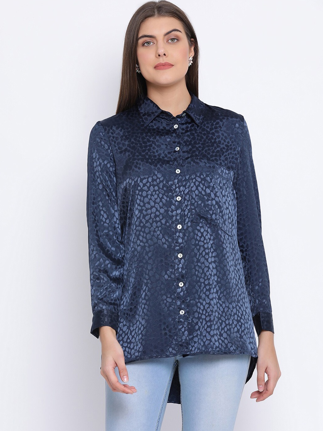 

Oxolloxo Women Navy Blue Regular Fit Self Design Casual Shirt