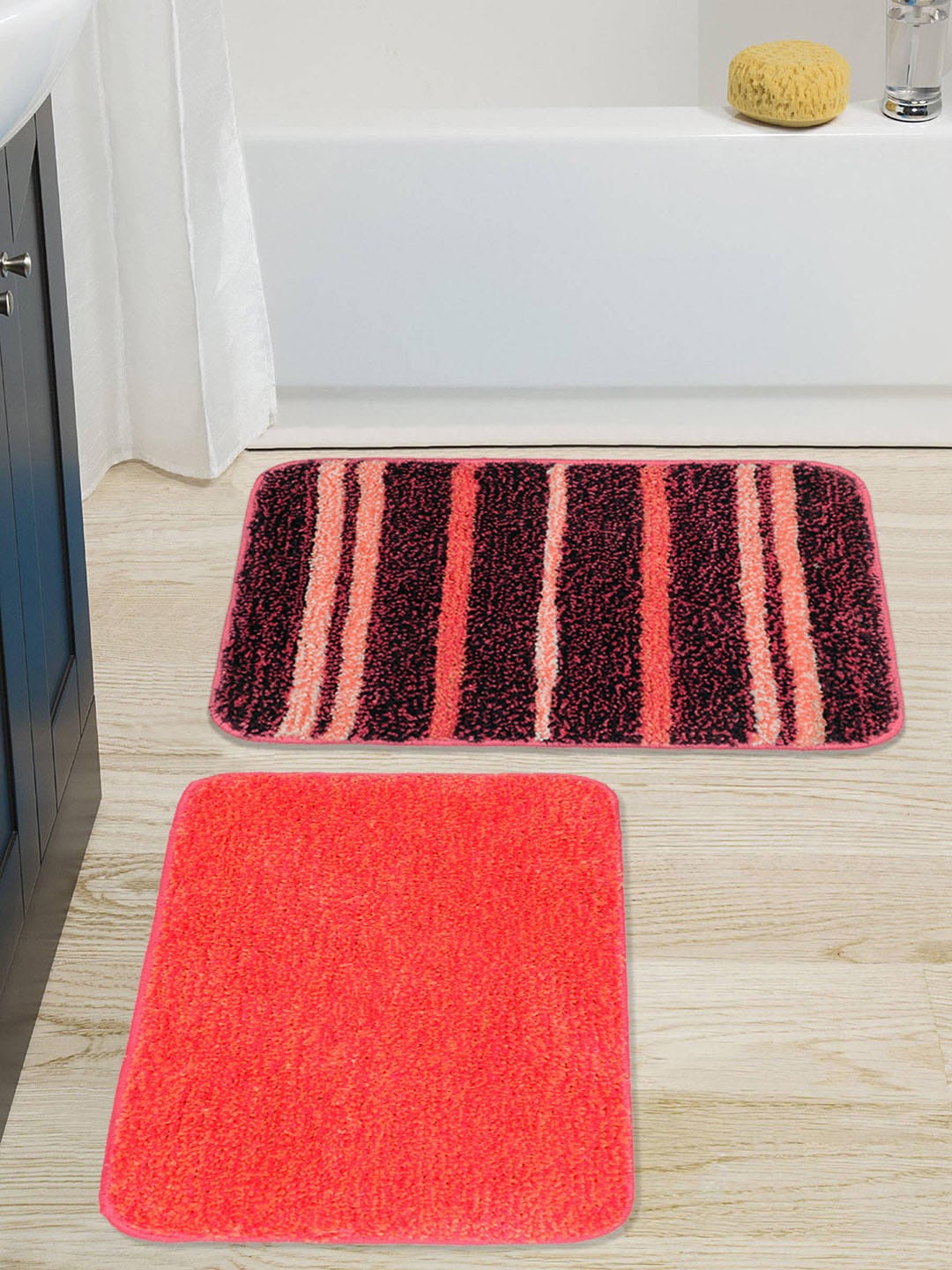 Saral Home Pack Of 2 Red and Maroon Striped Designer Anti-Skid Bath Mat