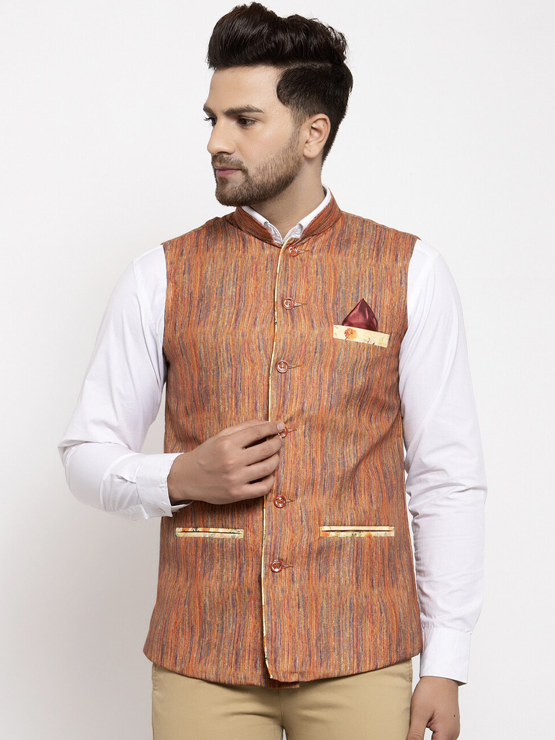

KLOTTHE Men Blue & Orange Woven Design Nehru Jacket