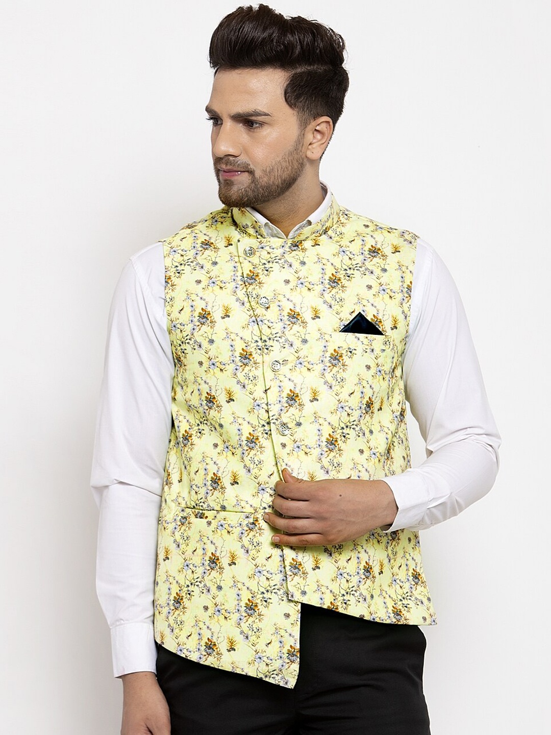 

KLOTTHE Men Yellow & Blue Printed Nehru Jacket