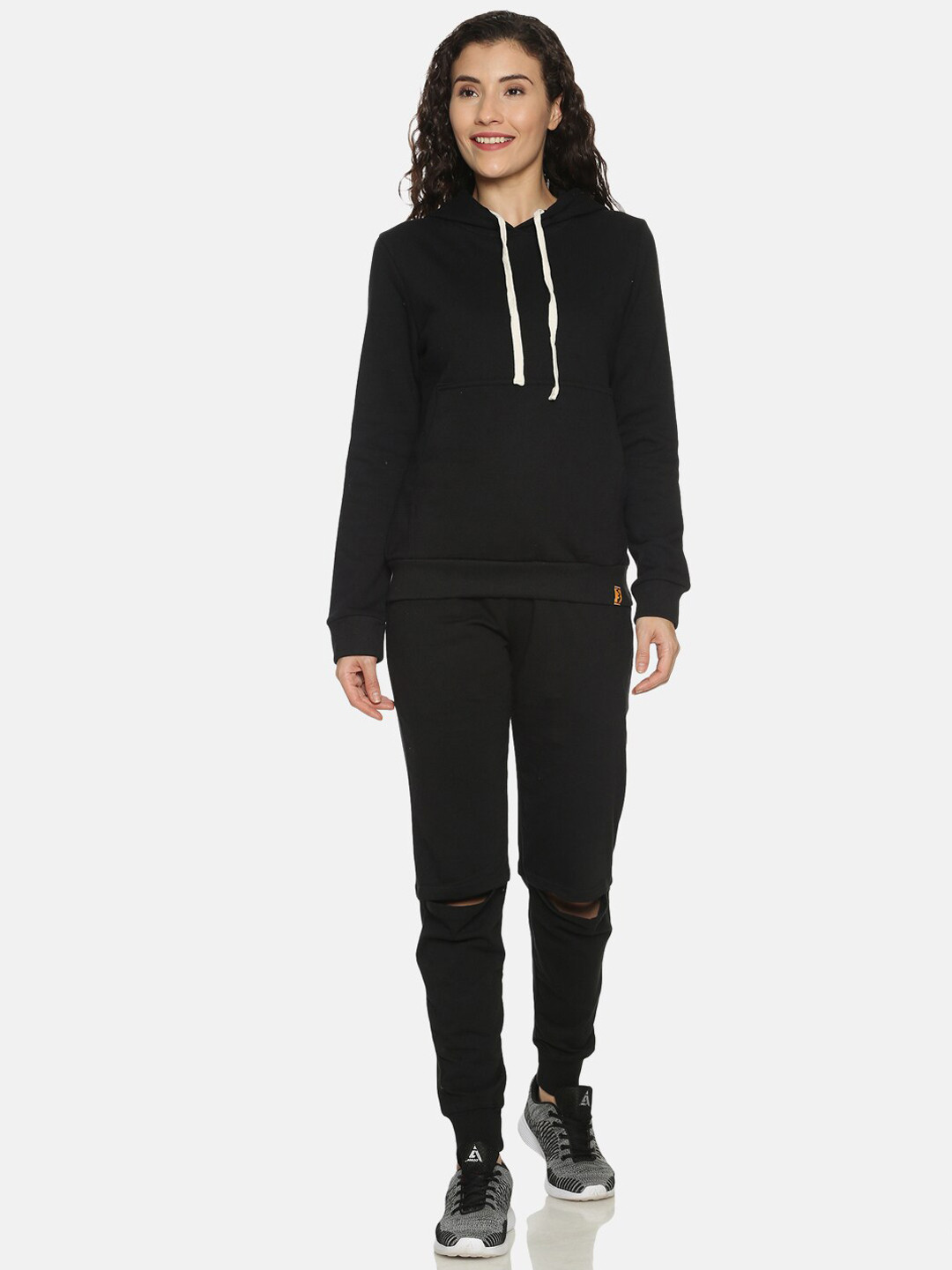 

Campus Sutra Women Black Solid Hooded Tracksuit