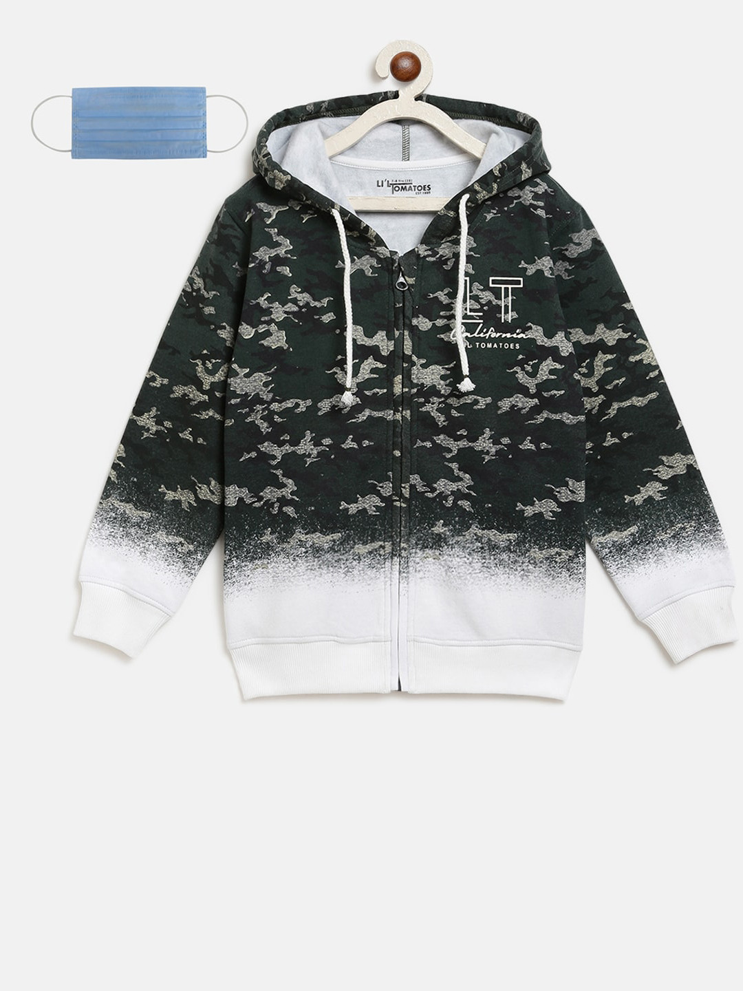 

Lil Tomatoes Boys Olive Green & White Printed Hooded Sweatshirt